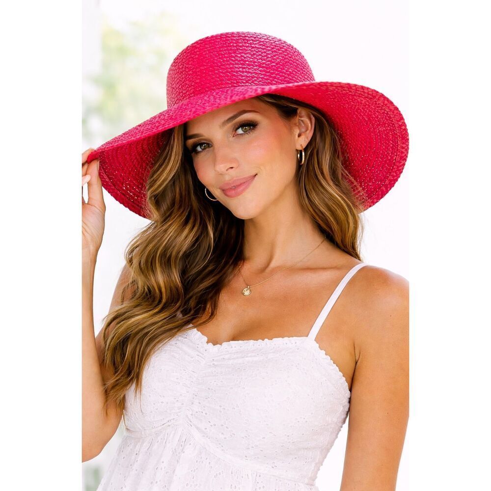 Jessica Stevens Red Straw Sun Hat Wide Brim Natural Straw Beach Resort Vacation